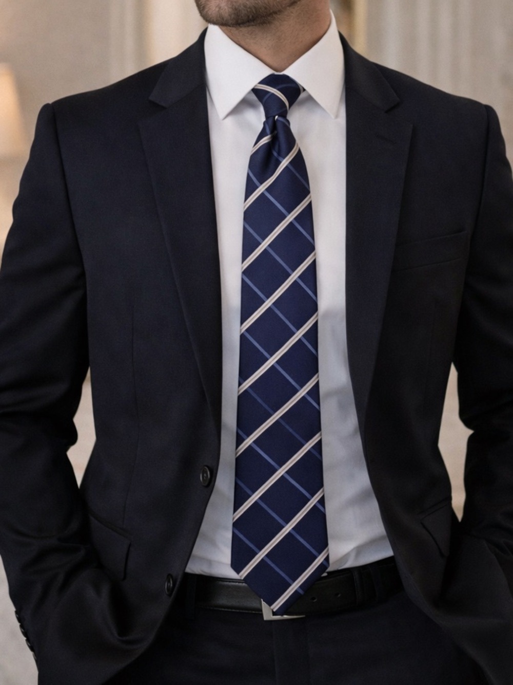 Kenneth Cole Silk Tie | Navy Blue Silver Striped Neck Tie | Classic Formal